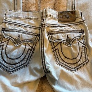 Mens Vintage True Religion Light Blue Jeans with Brown Stitching